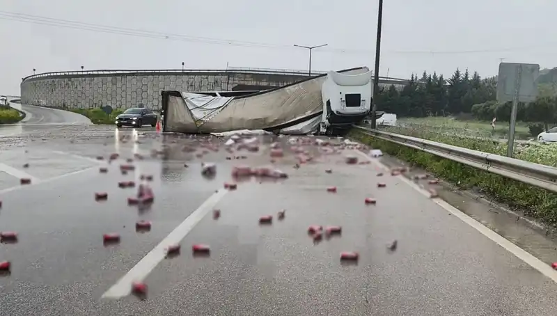 TIR Devrildi, Yüzlerce Şişe İçki Yola Saçıldı